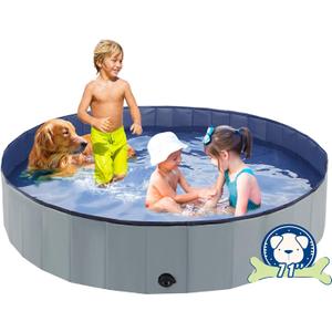 Foldable Dog Bath Swimming Pool 71'' Plastic Kiddie Pool Professional Tub Collapsible Grooming Bathtub for Pets Kids Baby and Toddler, 71 x 12 Inches Gray