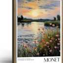 Framed Monet Impressionist Canvas Wall Art Sunset Floral Decor 24X16 Inch