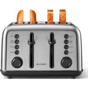 BUYDEEM DT640 4-Slice Toaster, Extra Wide Slots, Retro Stainless Steel with High Lift Lever, Bagel and Muffin Function, Removal Crumb Tray, 7-Shade Settings,Stainless Steel