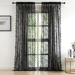 Bujasso Black Lace Curtains Vintage Floral Black Sheer Curtains 108 inch Rod Pocket Light Filtering Victorian Gothic Black Lace Sheer Drapes for Living Room Bedroom Halloween 2 Panels, 54" Wx108" L
