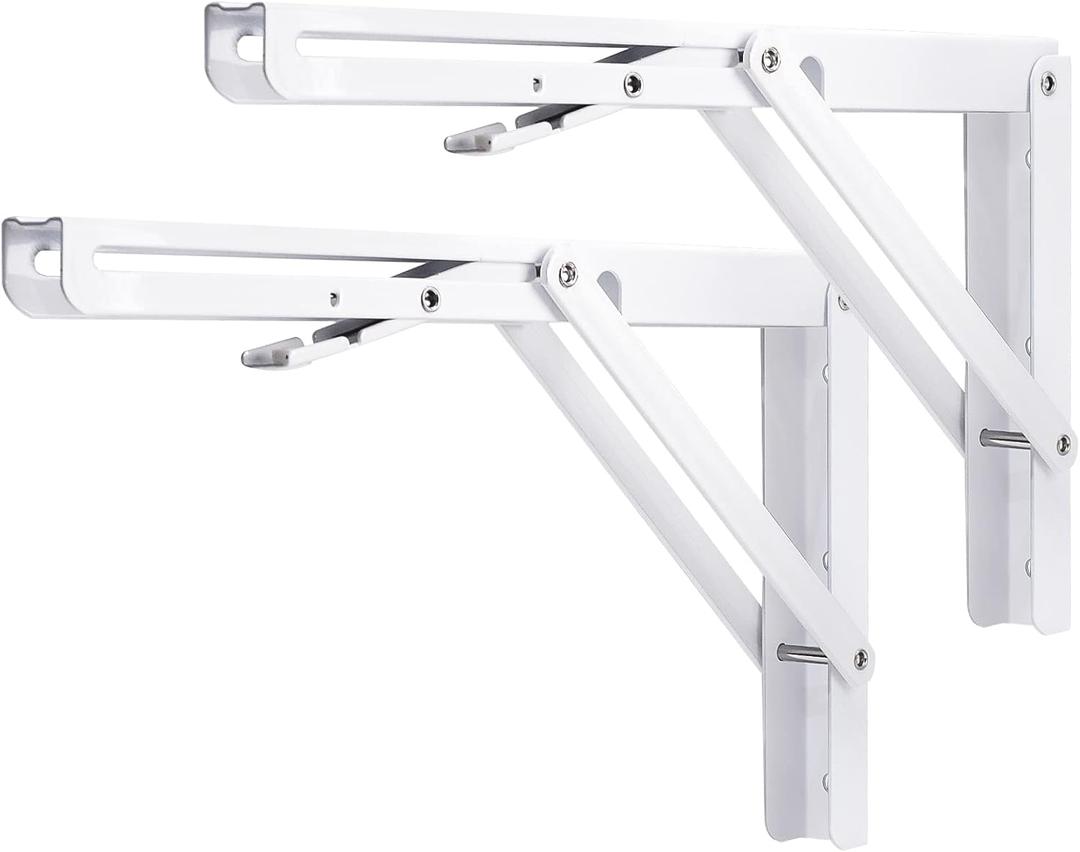 YUMORE Folding Shelf Bracket Heavy Duty, 12 Inch White Collapsible Shelf Bracket, DIY L Bracket for Workbench Folding Table Hinge, Max Load: 330lbs, 2 Pack