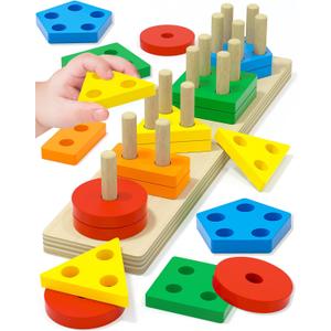 Montessori Toys for 1 2 3 Year Old Boy Girl, Toys for Ages 2-4 Toddlers Kids Baby, 1 2 Year Old Birthday Gifts, Wooden Learning Puzzles Shape Sorter Toy for Toddlers 1-3