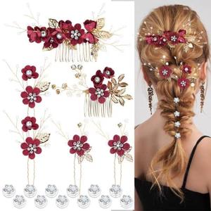 Cinaci 18 Pieces Bridal Wedding Party Prom Pearl Rhinestone Burgundy Flower Hair Side Combs Slides+U-shaped Flower Hair Pins+Twist Spiral Hairpins Floral Headpieces for Brides Bridesmaids Women Girls