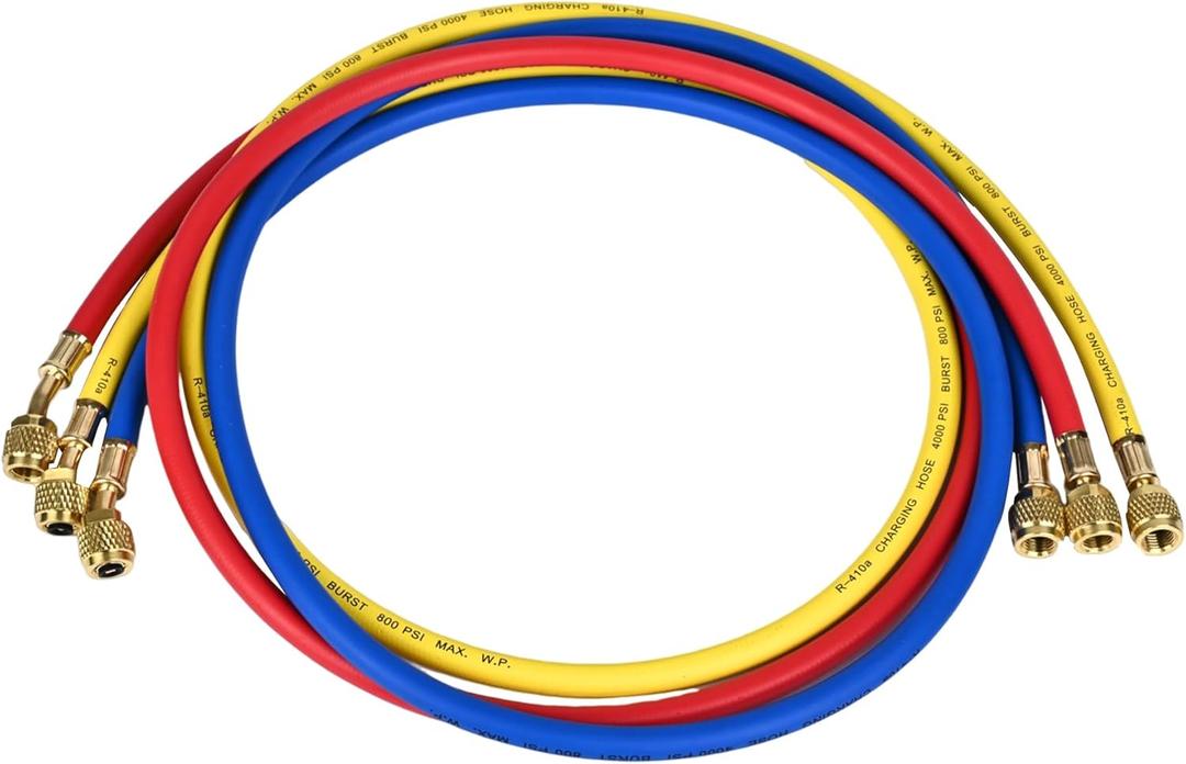 2025 Upgrade 21985 Plus II 1/4" Refrigerant Charging Hose, 60 (5FT), Standard 1/4" Flare Fittings, for R410A, R134A, R22 and All Common Refrigerants, Yellow/Red/Blue (3-Pack)