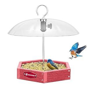 Kingsyard Platform Bird Feeder for Outdoor Hanging - Rugged Reclcled Plastic Wild Bird Feeding Station with Adjustable Dome & Metal Mesh Tray, Red