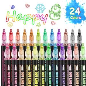OUNIY Double Line Outline Markers 24 Colors Super Squiggles Glitter Markers Self Outline Metallic Marker, Doodle Shimmer Marker Drawing Pens for Christmas Greeting Card, Birthday Gift, DIY Art Crafts