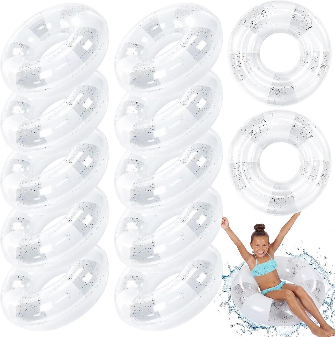 Simgoing 12 Pack Inflatable Pool Floats for Kids 24 Inch Glitter Swimming Ring with Sequined Inflatable Pool Tubes Toys for Boy Girl Summer Vacation Beach Party Favors