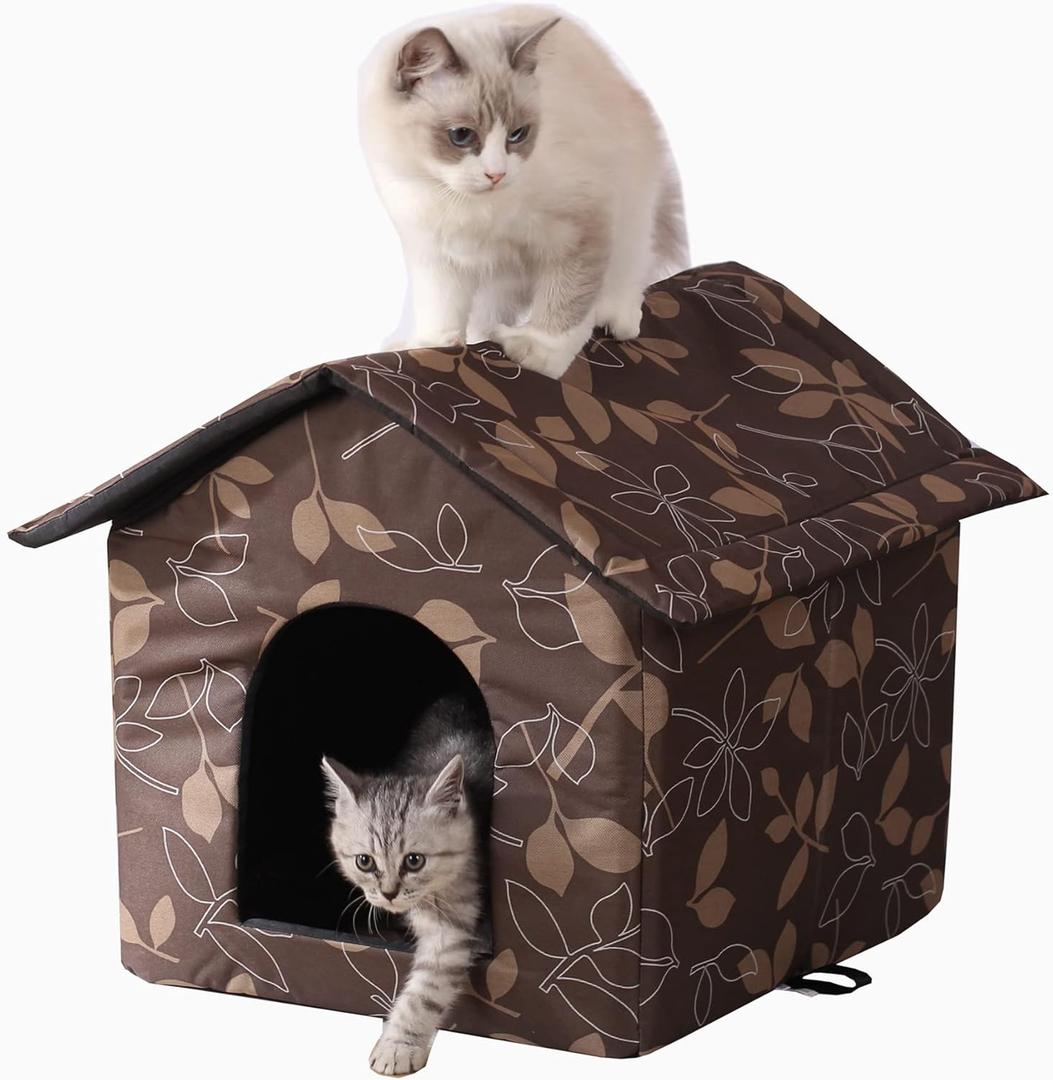 Outdoor Cat House Cat House for Outdoor and Indoor Use - Waterproof Shelter for Cats, Dogs, and Feral Animals (Large, Brown Support Rod)