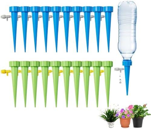 24 Pack Self Watering Spikes for Plant,Indoor & Outdoor Automatic Plants Waterer,Plug-in Device with Adjustable Valve Switch, Self Watering Planter Insert (10 Blue+10 Green)