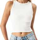 QINSEN Women's Cotton Ribbed Basic Tank Top Crew Neck Slim Fitted Sleeveless Crop Top (White, S)