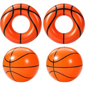 Soulchen 4 Pcs Basketball Inflatable Pool Floats Basketball Swimming Rings with 27" Inflatable Beach Balls Sports Theme Swim Tubes Rings for Adult Summer Sports Ball Decor Swimming Pool Beach Game