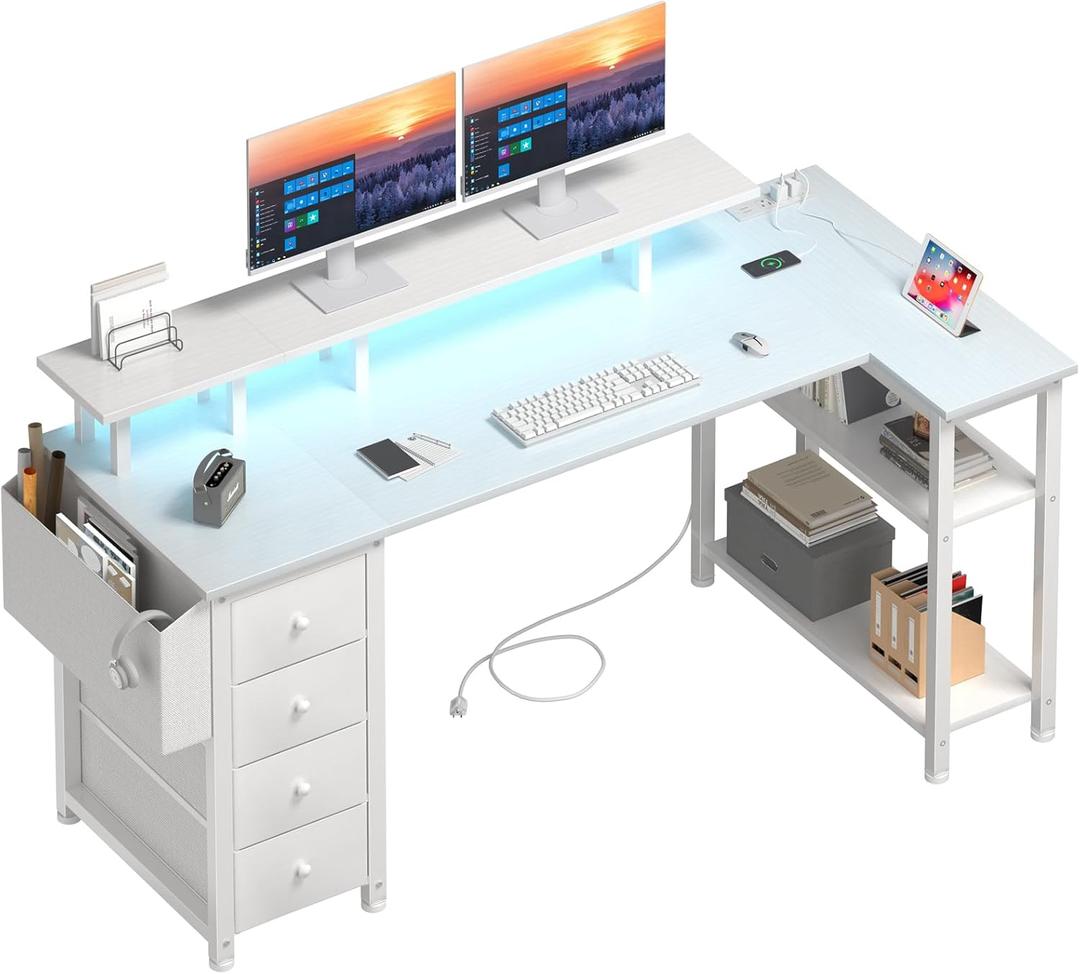 Lufeiya White L Shaped Computer Desk with Fabric Drawers, 55 Inch Corner Home Office Desk with Monitor Stand Shelves, Writing Study Gaming Desks with Led Lights and Power Outlets for Bedroom, White