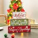Glitzhome Wooden Block Sign, Christmas Table Decorative Signage, Believe Let It Snow Season's Greetings, 11.81 x 1.57 x 10.59 inches, MDF, Farmhouse Wood Block Decor (Multicolor)