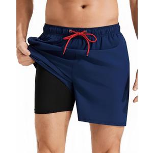 Mens Swim Trunks with Compression Liner Quick Dry Beach Shorts with Zipper Pockets Navy-D1-L (Blue, L)