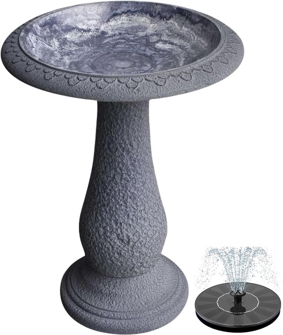 Pedestal Birdbath with Solar Fountain, Resin Stone Composite Outdoor Garden Decor, Standing Bird Bath for Outside Patio Yard, 23-Inch Tall, Garden Fountain, Resin Bird Baths, Hummingbird Bowl (Weathered White)