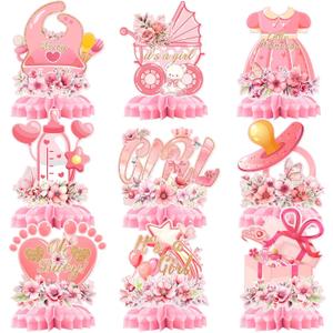2 x 9Pcs Pink Baby Shower Decorations, Honeycomb Baby Girl Shower Centrepieces Floral Honeycomb Table Decorations Girl Pregnancy Announcement Table Decorations Gender Reveal Party Supplies