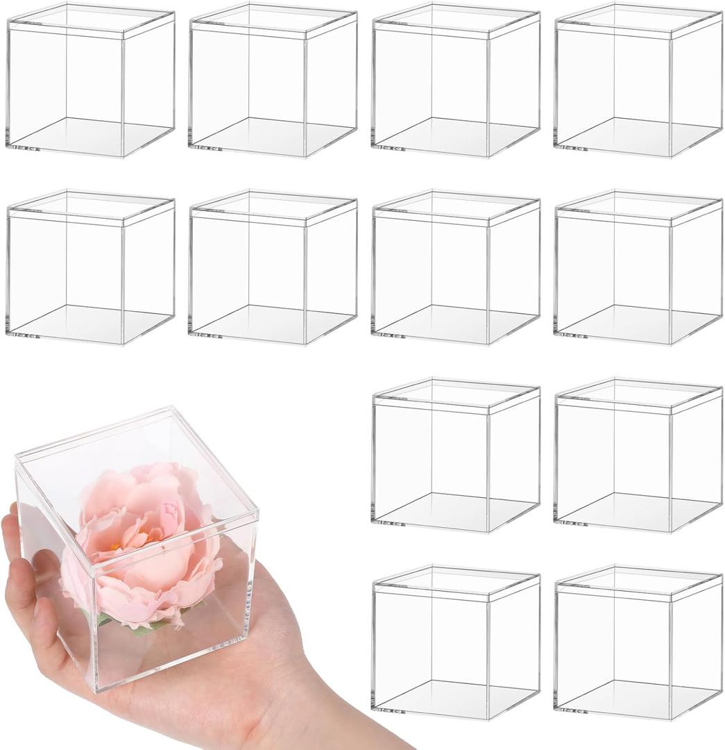 12 Pcs Clear Acrylic Box with Lid 3 x 3 x 3 Inch Decorative Plastic Display Box Acrylic Gift Box Tiny Square Boxes Clear Storage Containers for Home Candy Treats Jewelry Display