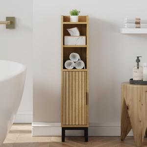 Small Bathroom Storage Cabinet, Corner Narrow Toilet Paper Floor Cabinet with Door and Shelves,Bathroom Organizer with Adjustable Shelf, for Small Spaces (Oak) (4-Tier)