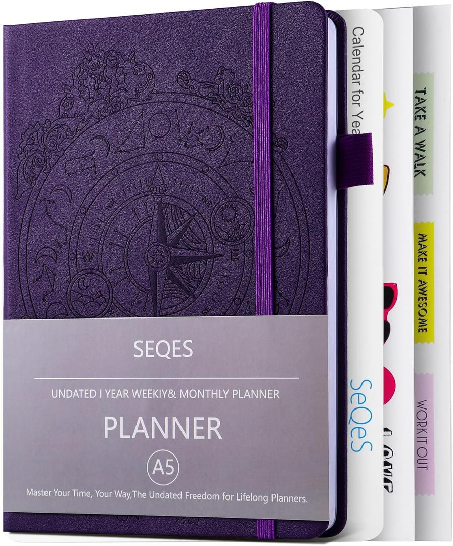SEQES A5 Undated Planner- Leather Cover with goal tracker,full focus And habit To Increase Productivity organizer And Goal Setting & Reflection Journal | Weekly/Monthly Planner (purple)