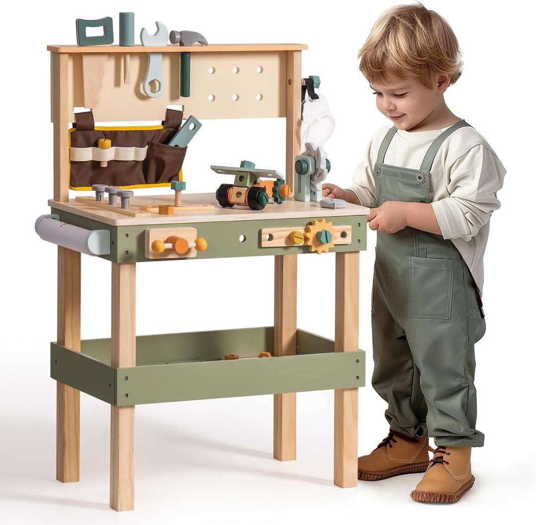 ROBOTIME Wooden Kids Tool Bench, Toddler Tool Bench - Toy Play Workbench Workshop with Tool Belt, Play Tools Set, Drawing Paper for Construction Play, Perfect for Kids Ages 3-5, Large