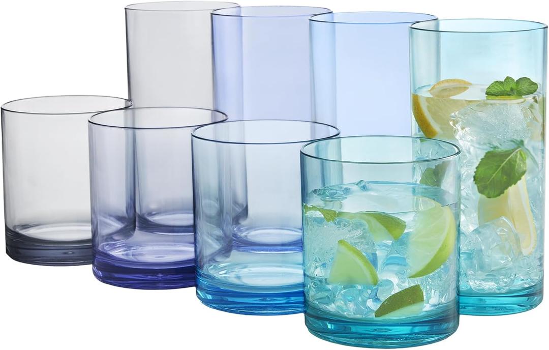 US Acrylic Classic Plastic Reusable Drinking Glasses (Set of 8) 12oz Rocks & 16oz Water Cups in Coastal Colors | BPA-Free Tumblers, Made in USA | Top-Rack Dishwasher Safe