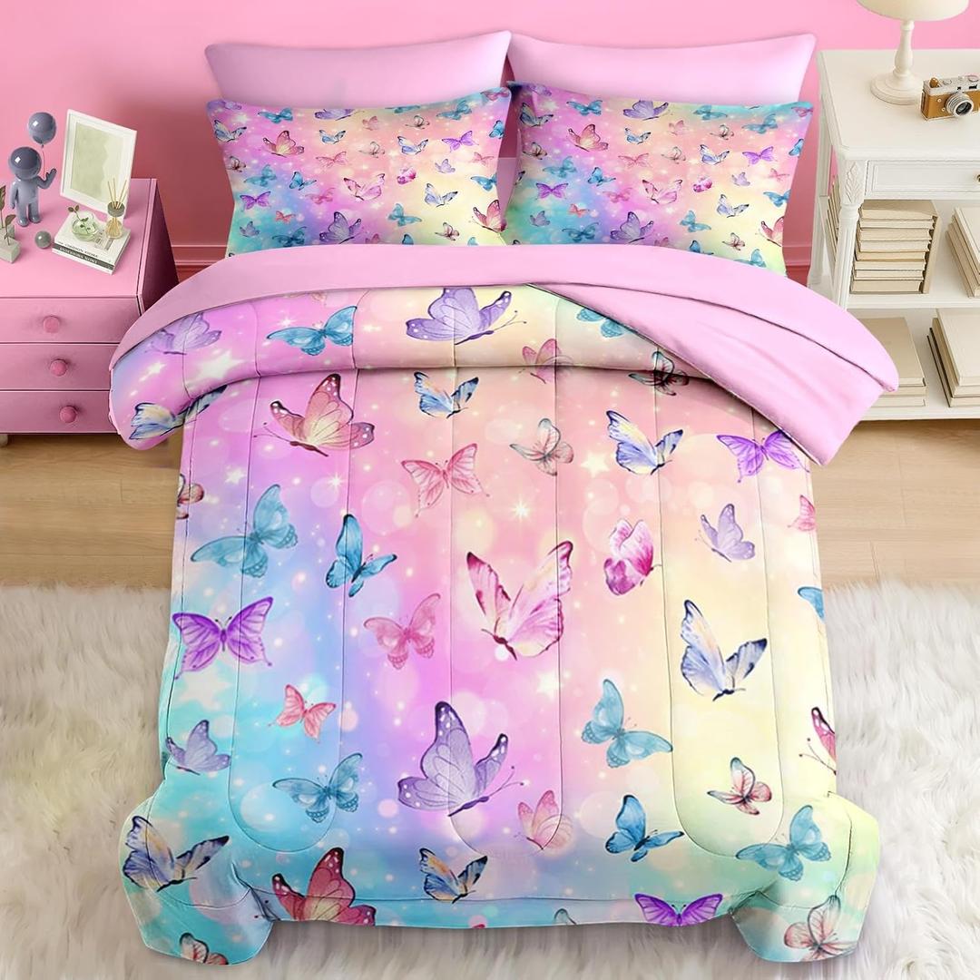 Comforter Set Twin Size, Pink Blue Butterfly 5 Pcs Bedding for Kids and Adults, Purple Colorful Rainbow Bed Sheet Sets with Fitted Sheet Pillowcase & Sham for Bedroom Bed Decor