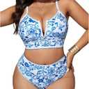 Floerns Women's Plus Size Bikini Set Floral Print V Neck High Waisted 2 Piece Beachwear Blue and White 3X Large Plus