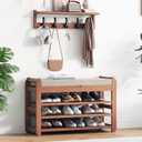 27.6" Bamboo Shoe Bench with Cushion, 5 Hooks Coat Rack, 3-Tier Adjustable Storage Bench for Entryway, Heavy Duty Shoe Rack Organizer with Removable Soft Cushion for Living Room Bedroom Hallway