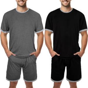 2 Sets Men's Pajamas Short Sleeve Pyjama Modal Sleepwear Shorts with Pockets Nightwear Soft Comfy Pjs Set (X-Large, Black, Cement Gray)