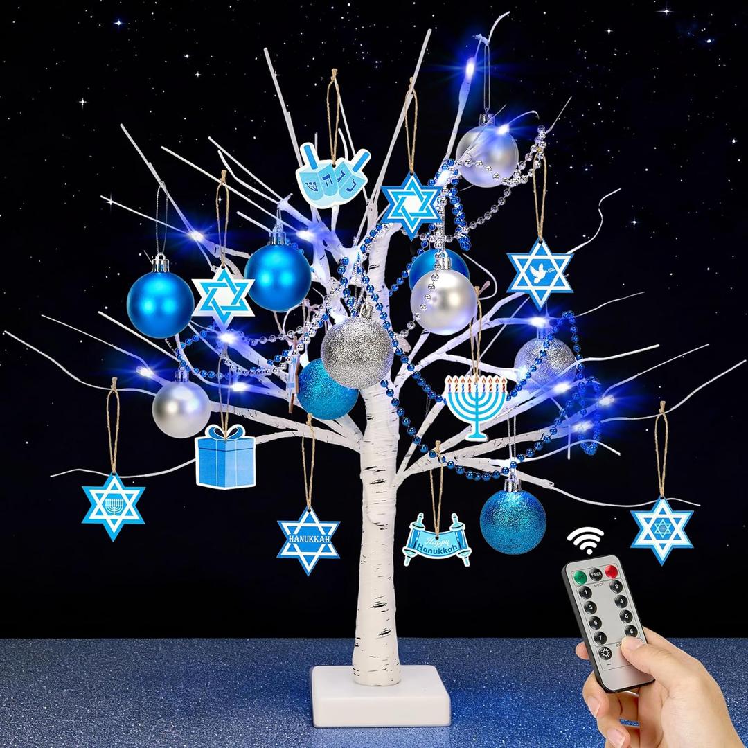24 Inch Hanukkah LED Lighted Birch Tree with 36 Pcs Chanukah Hanging Ornament, USB/Battery Operated 8 Lighting Modes Hanukkah Decorations Artificial Tree for Indoor Hanukkah Home Party Tabletop Decor
