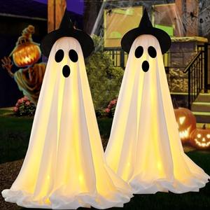 [Timer] 2Packs Halloween Decorations Outdoor, Cute Halloween Decorations Indoor, Spooky Ghost Halloween Decor with Witch Hat, Scary Ghosts Decor with LED Lights for Front Porche Yard Garden Home