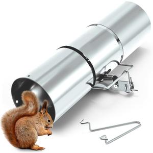 Qualirey Stainless Steel Tube Squirrel Trap Rust Resistant Trap 4.5'' in Diameter with a Setting Tong for Backyards Patios Gardens, Safe and Effective Pest Control Commercial and Residential Use 15'' (Sliver)