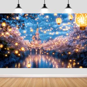 7X5ft Fairy Tale Castle Backdrop Enchanted Forest Palace Princess Beauty Garden Lake Lantern Dating Romantic Background Birthday Party Decorations Cake Table Banner Decor Photo Booth Props