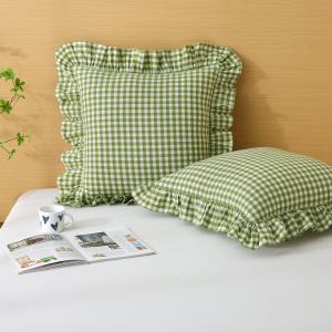 Silnuo 2 Pack Green/White Plaid Ruffle Throw Pillow Covers,100% Washed Cotton Farmhouse Gingham Decorative Pillow Shams Checkered Pillowcases 20" x 20" for Bed, Sofa, Living Room