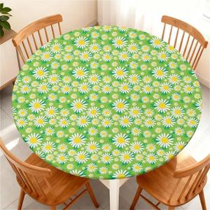 Round Fitted Tablecloth with Elastic Edge for Up to 53"-60" Round Table, Waterproof Tablecover for Camping, Indoor, Outdoor, Holiday, Summer, White Flower
