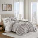 Madison Park Jasmine Queen Comforter Set, Luxurious Reversible Faux Fur Plush Ribbed Velvet Bedding, Fuzzy Thick Warm Winter Comforter, Super Soft Fluffy 3-Piece Set Light Grey