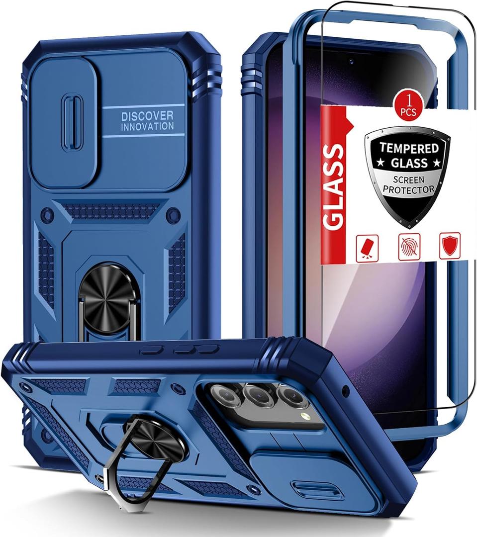 Compatible with Samsung Galaxy S23 Case with 1 Screen Protector,Built-in 360 Kickstand Ring,with Camera Cover Dustproof Shockproof Military Grade Drop Heavy Duty Protection Phone Bumper,Blue
