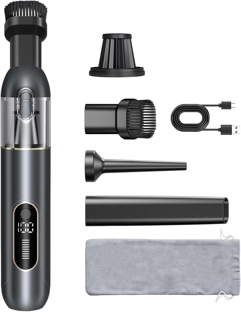4-in-1 Handheld Cordless Car Vacuum  19000PA, Brushless Motor, 2-in-1 Blow & Suction, Dual Modes, Type-C, Mini & Portable for Car, Home, Office, Keyboard Cleaning (Gray)