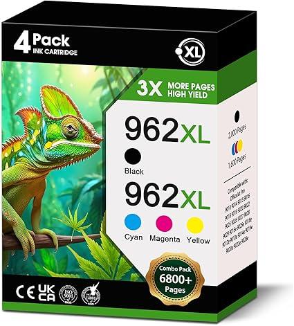 962XL Ink Cartridges High Yield Black Color Combo Pack (4Pack, 1B/1C/1M/1Y) Replacement for HP Ink 962XL 962 Compatible for OfficeJet Pro 9010 9015 9018 9012 9010e 9014e 9015e 9018e 9025e Printer