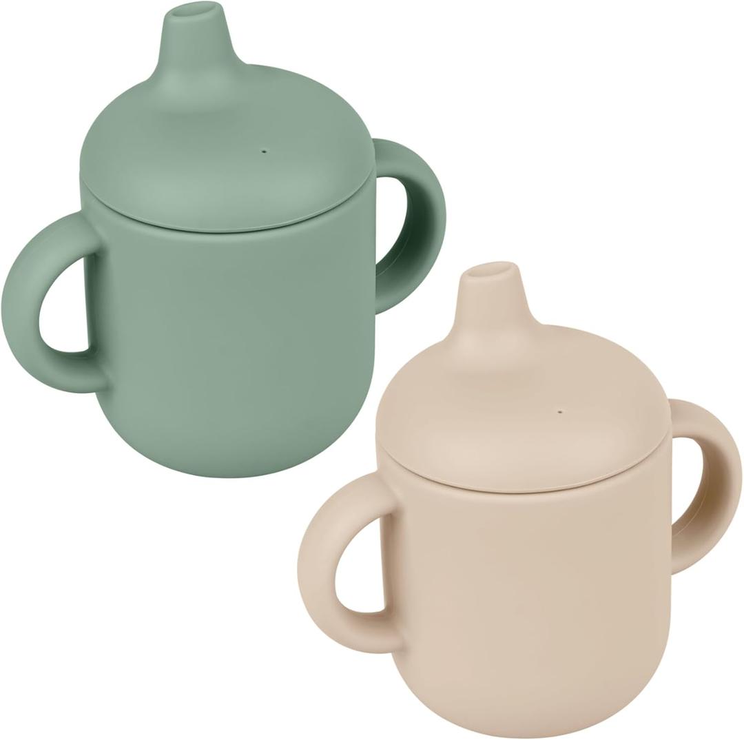 Silicone Sippy Cups for 6-12 Months Toddlers - Pack of 2 Food Grade Silicone Training Cups with Straws and Lids Grip Handle for Baby Led Weaning, 6 oz (Sage/Sand)