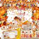 Our Little Turkey Is Turning One Decoration,Little Turkey 1st Birthday Decorations Plates and Napkins Cups Tablecloth Banner Backdrop Honeycomb for Thanksgiving Decorations 1st Birthday Supplies
