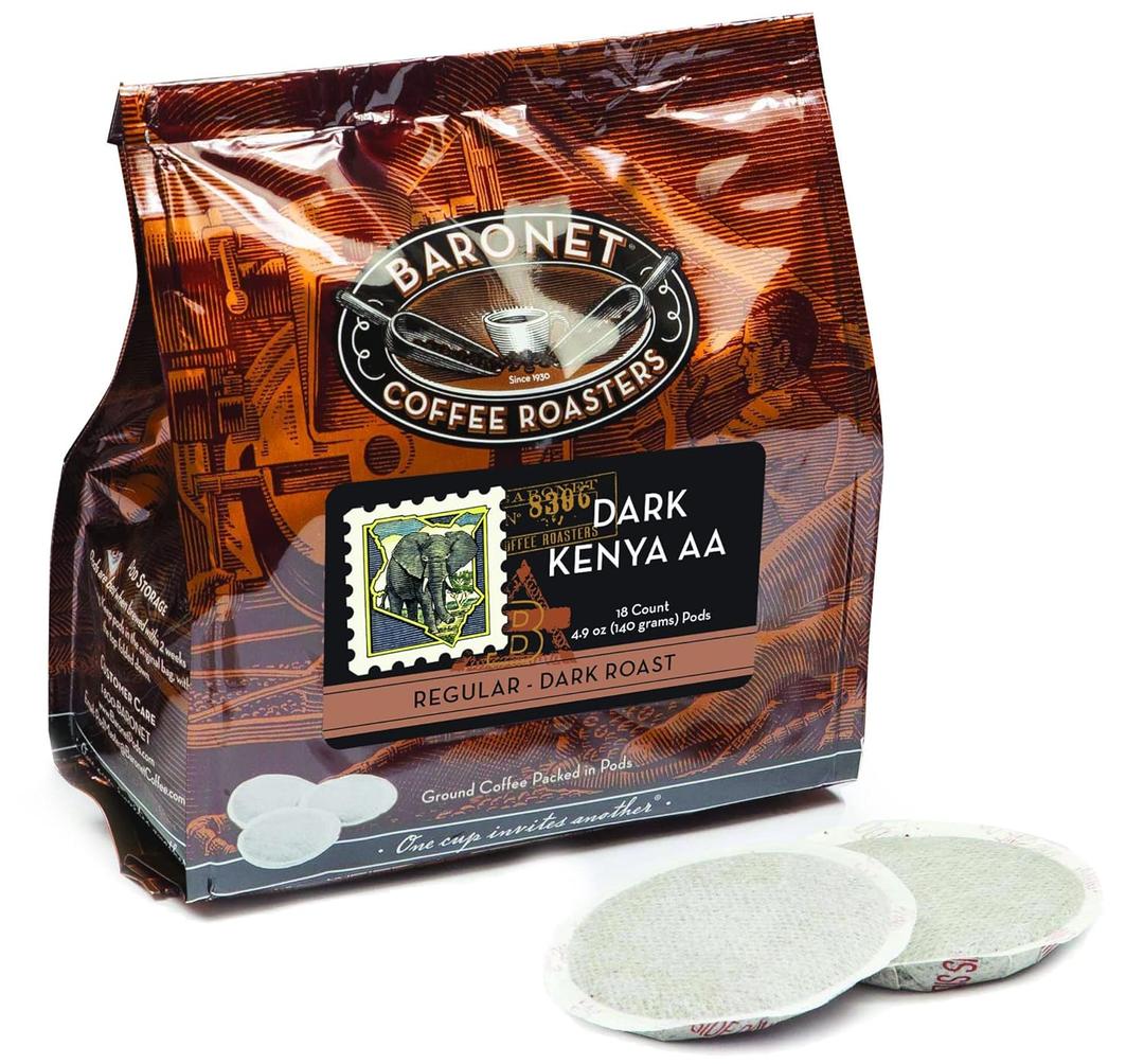 Baronet Coffee Pods [Dark Kenya AA-54 Pods] Single Cup Use for Senseo Machine - 3 Bags of 18 Single Serve 8 Gram, Regular Strength, Medium Roast [Dark Kenya AA] BB 1/7/28