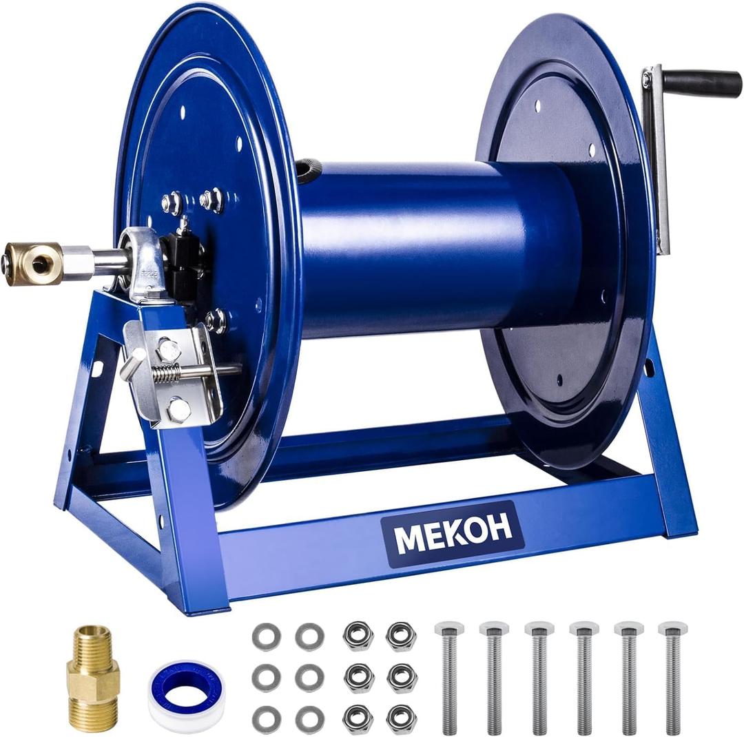 MEKOH Pressure Washer Hose Reel 3/8"x350ft, 5000PSI Hand Crank Power Washer Hose Reel for 1/4"x455ft, Heavy Duty Steel Hose Reel with Trailer/Wall/Van Mount, A-Frame Manual Reel for Water,M22 Fitting
