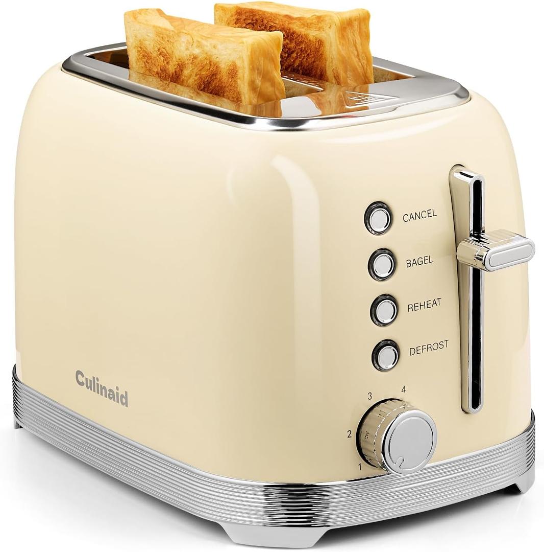 Toaster 2 Slice Retro Stainless Steel with 1.5 Extra Wide Slots Bagel, Defrost, Reheat, Cancel Functions, 6 Bread Shade Settings, Removable Crumb Tray, Cream White