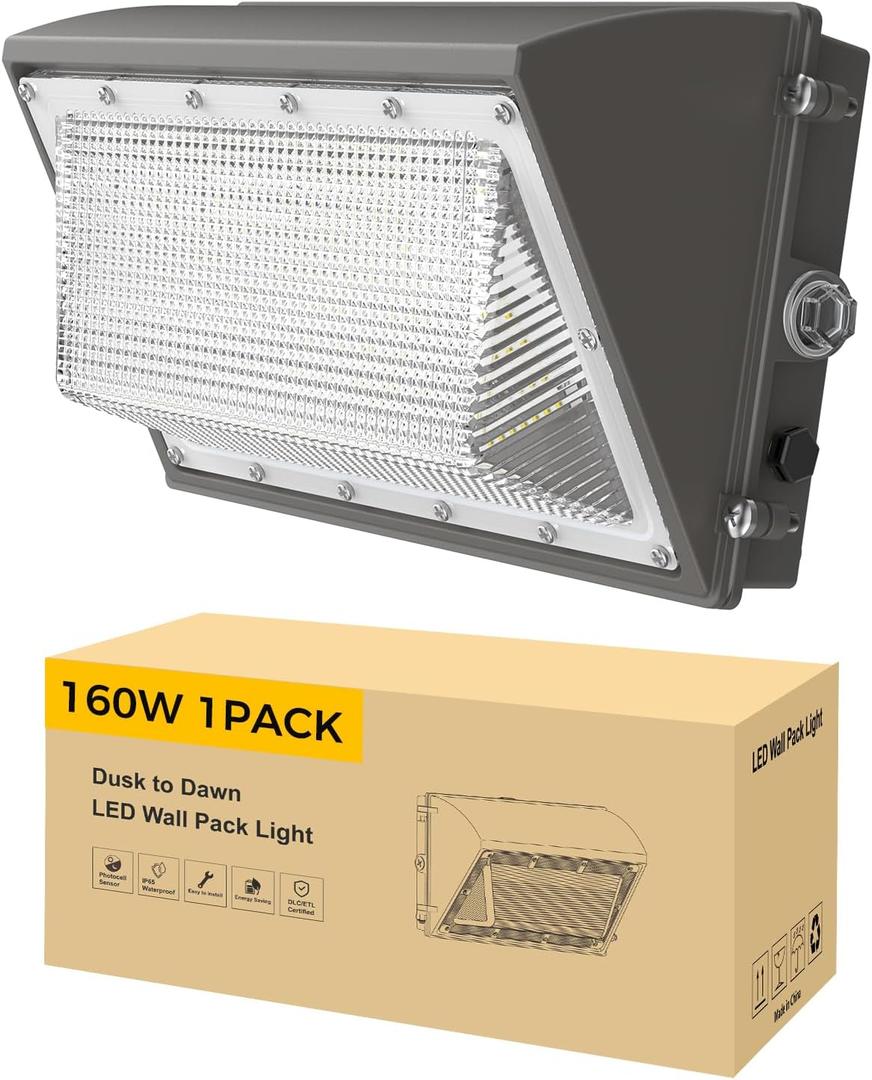AIKVSXER 1 Pack 160W LED Wall Pack Light with Dusk to Dawn Photocell, 25,600LM 6000K Wall Pack LED Exterior Light, IP65 Outside Lighting [Eqv. 1000W HPS/HID] for Parking Lot, Yard AC120-277V