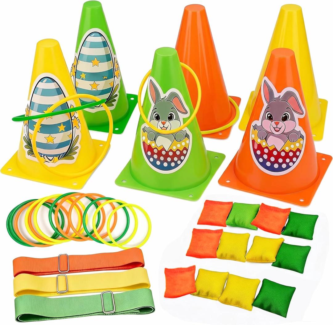 3 x 4-in-1 Plastic Carnival Party Games Set,Includes Ring Toss Games, Bean Bag Toss Games, Cones & 3-Legged Race Games, Sports & Outdoor Game Toys for Backyard, Birthday & Family Party