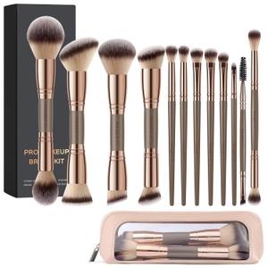 MAGEFY Makeup Brushes 12Pcs with Bag, Double-End Multi-functional for Foundation Powder Blush Eyeliner Eyeshadows brushes with Gift Box,Champagne