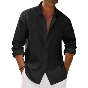 Runcati Mens Button Down Shirt Cotton Linen Casual Long Sleeve Shirts Collared Hippie Beach Tops (Large, Black)