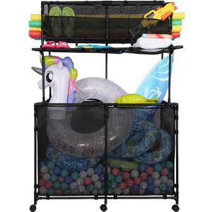 425 Gallon Pool Storage- for Outdoor, Pool & Patio, Holds Noodles, Goggles, Floats & Balls, with Mesh Pockets, Noodle Holder, Towel Drying Function & Rolling Wheels, 2 Sizes (Medium)