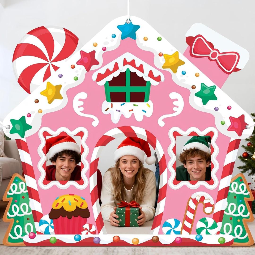Life Size Pink Gingerbread House Christmas Decoration Holiday Backdrop for Indoor Outdoor Display  Gingerbread House Decor for Christmas Party Decorations & Photo Booth Prop, 65 x 71 Inches